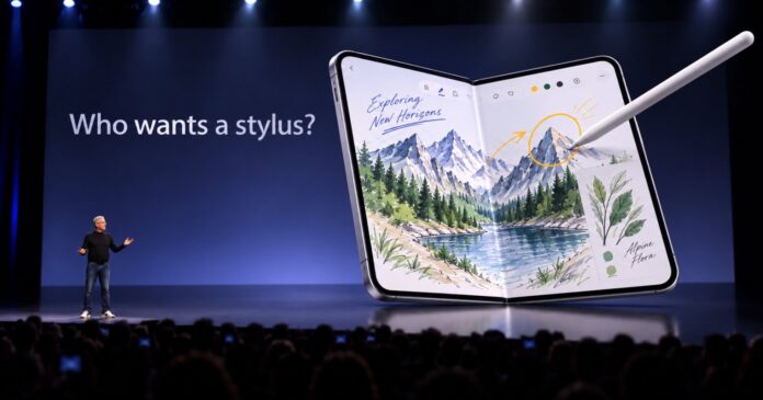 Apple iPhone Duo foldable phone shown with its large inner display open