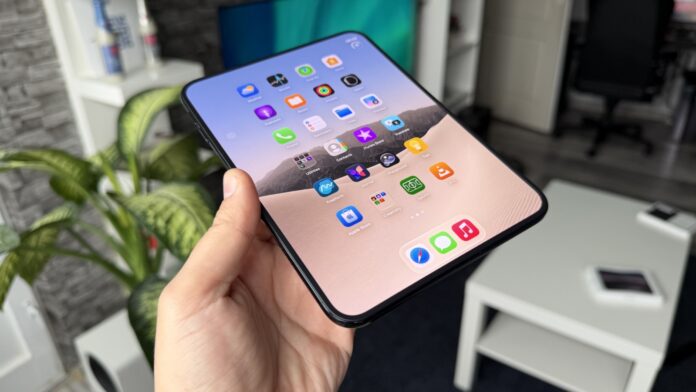 Apple iPhone Duo foldable phone shown open with its large inner display